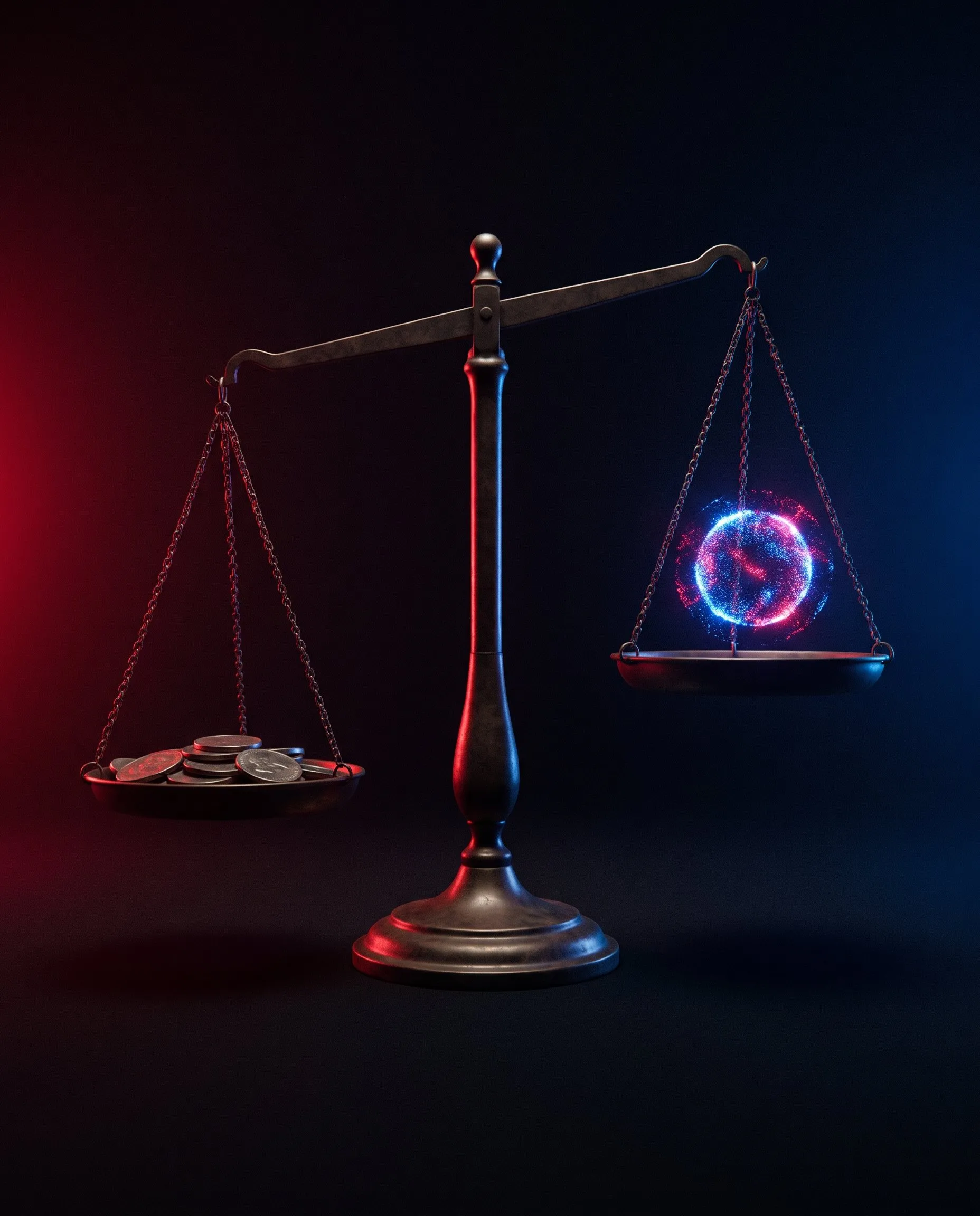 A scale with coins on one side and a sphere of data on the other