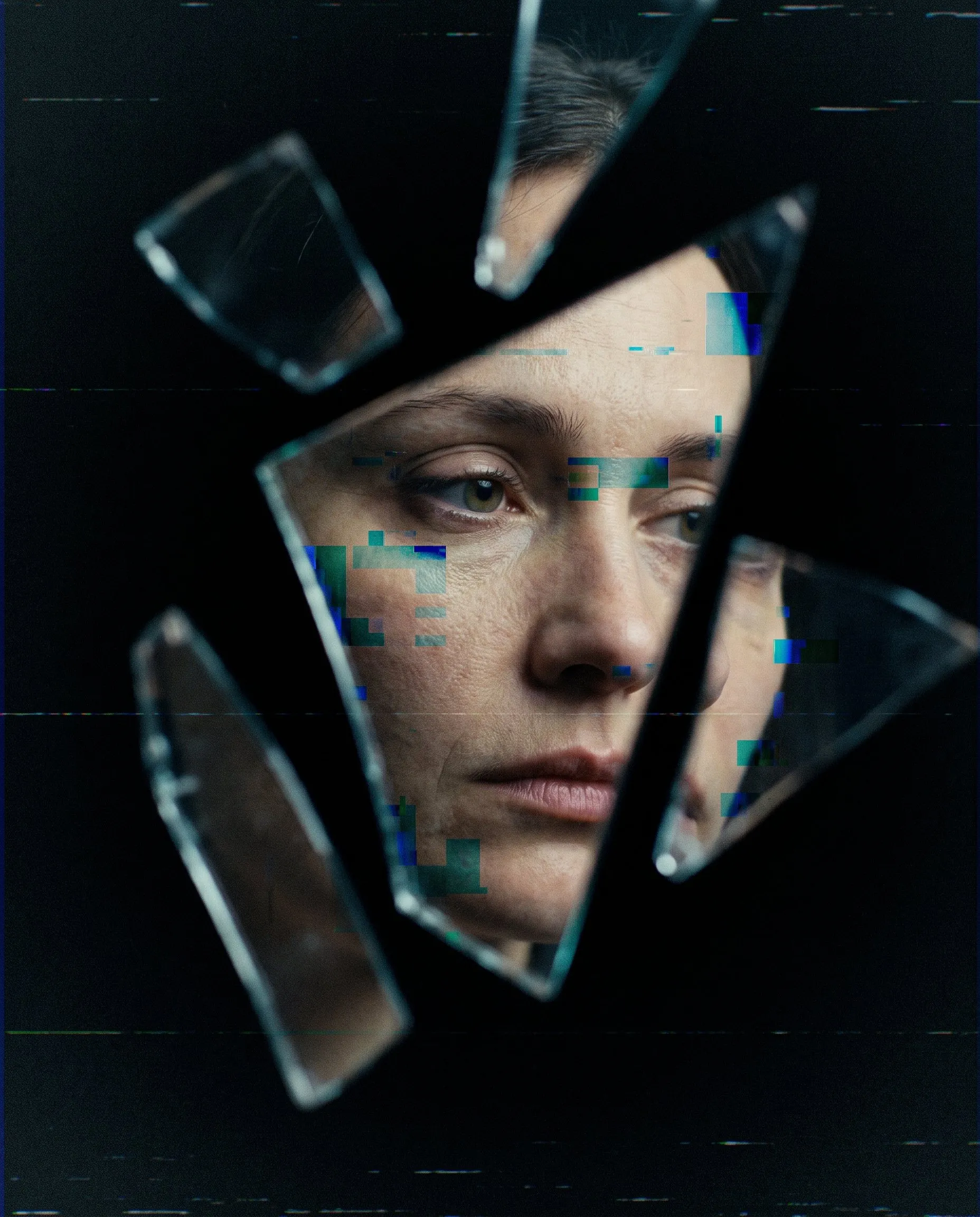 A face reflected in a shattered mirror