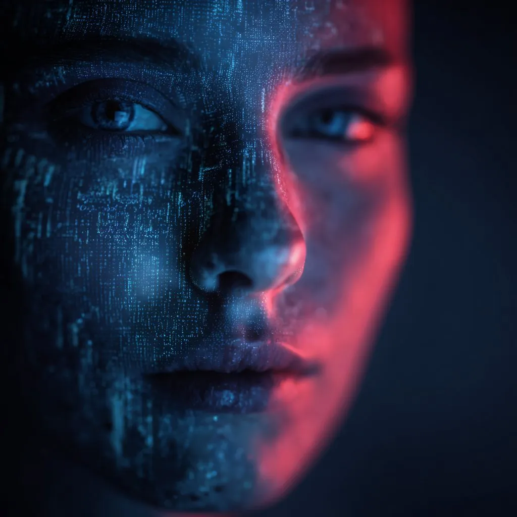 A human face crossed by fragments of data