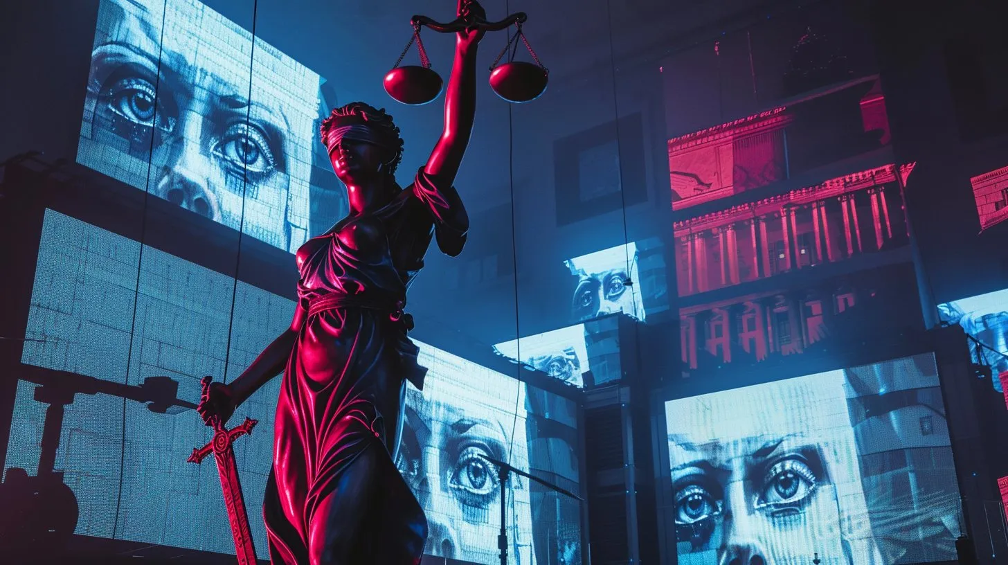 La statua della Giustizia tra schermi che mostrano occhi giganti